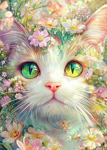 Cat Floral Diamond Art Kits for Adults, 5D Diamond Painting Kits for Adults | Cat Flowers Diamond Art Painting Kits for Adults Beginners, DIY Full Round Drill 5D Gem Art Paint by Diamonds Dot 12x16 Inch - color: Cat