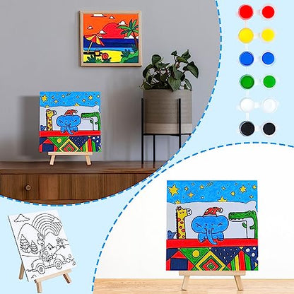 Tenceur 48 Pcs Kids Paint Party Favors Sets with 12 Pcs Animals Pre Drawn Canvas Panel and Wooden Easel Set Paint Pots and Brushes 12 Mini Apron and Tote Bag for Kids Boys Student Girls - style: Cute