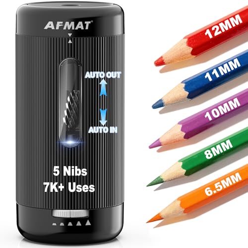 AFMAT Electric Pencil Sharpener, Auto in & Out, 5 Nibs, 7K+ Uses, Fully Automatic Pencil Sharpener for Classroom, Rechargeable Hands-Free Sharpeners for Jumbo/Colored Pencils (φ6.5-12mm) PSC3(Black) - color: Black