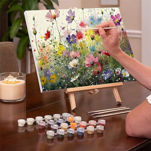 MaiMMaledy Paint by Numbers Kit for Adults Beginners 8Wx12L inch Canvas Pictures with Framed Drawing Painting Works with Wooden Triangle Easel Acrylic Pigment Flower - color: Flower, size: Flower 8x12inch