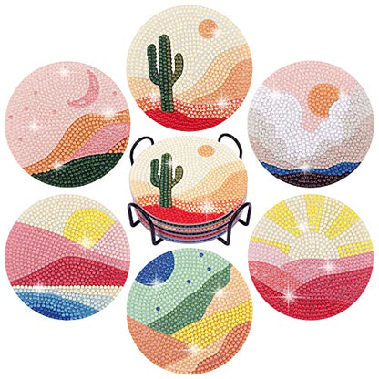 Temlum 6pcs Diamond Art Coasters Kits for Adults with Holder, Landscape - color: Landscape Coasters With Holder