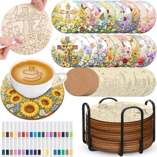 Reallnaive 77 Pcs Cross Coasters Painting Kit, 20 Set Christian Wooden Drink Coasters 4 Inch with Holder & Markers Boho DIY Crafts for Adults, Women, Hobby, Color Your Own Art Craft Supplies - style: Christian