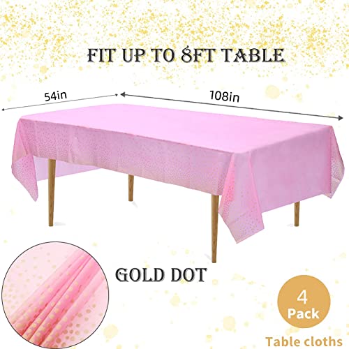 4 Pack Plastic Pink Tablecloth Disposable Pink and Gold Tablecloth for Rectangle Tables 54" x 108" Party Decorations Birthday Thanksgiving Christmas Valentines Wedding Outdoor BBQ Picnic (Pink) - color: Pink, size: 4 Pack