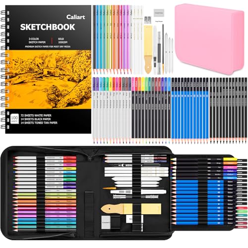 Caliart 176PCS Art Supplies Sketching Kit, 100 Sheets 3-Color Sketch Book - color: Pink