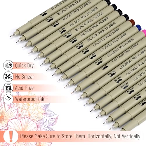 Mr. Pen- Drawing Pens for Artists, 18 Pack, Black Ink Multiliner | Colorful 0.3mm Artist Pens