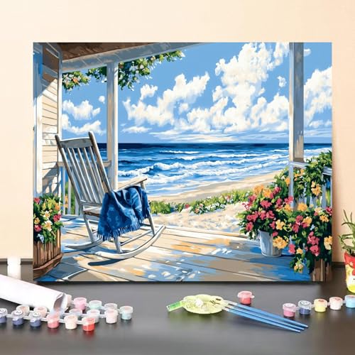 Beach Paint by Numbers Kit for Adults Beginner Landscape Oil Painting Kit Adult Paint by Number Kits on Canvas Ocean DIY Painting for Beginners Art by Numbers for Gifts Home Wall Decor 16x20 Inch - color: YF030