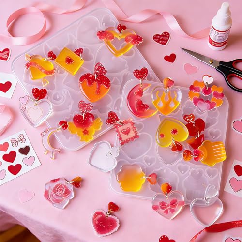 4 Pack Heart Resin Earring Molds Love Heart Flower Shape Earring Silicone Molds for Mother's Day Epoxy Casting UV Resin Molds with 200 Earring Hook kit for DIY Crafts Jewelry Making Keychains Pendant - color: Clear-heart shape