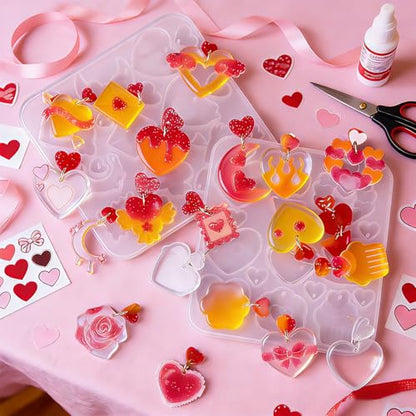 4 Pack Heart Resin Earring Molds Love Heart Flower Shape Earring Silicone Molds for Mother's Day Epoxy Casting UV Resin Molds with 200 Earring Hook kit for DIY Crafts Jewelry Making Keychains Pendant - color: Clear-heart shape