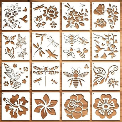 Painting Stencils, 16-Piece Reusable Plastic Templates, Butterfly, Hummingbird, Dragonfly, Bee and Floral Designs, 5.1 x 5.1 Inch - color: White