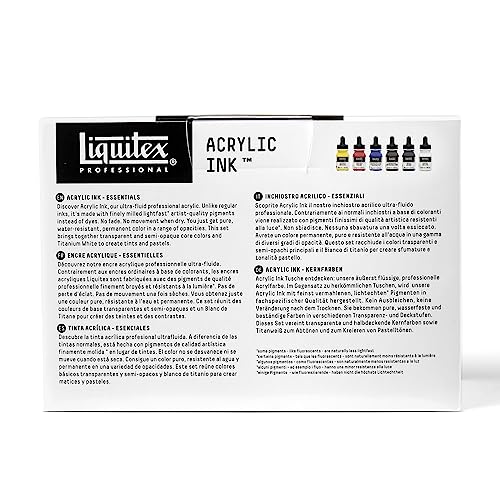 Liquitex Professional Acrylic Ink, 1-oz (30ml), Essential Color Set, Set of 6 | Ultra Fluid Acrylic, Highly Pigmented, Dye-Free, Non-Fading, Satin Finish, Permanent When Dry, Lightfast - color: Essential - Set of 6