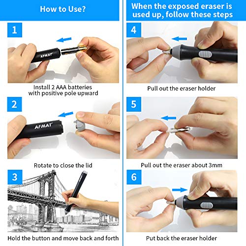 AFMAT Battery Operated Pencil Eraser for Sketching Pencils/Drafting/Drawing/Graphite Pencils, Couture Creations Creative Detailer Tool, AFMAT Electric Eraser Kit for Artists, 140 Refills EEB01 - color: Black