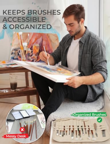 30-Slot Roll-Up Canvas Brush Holder, Washable Paint Brush Case, Beige | Durable Canvas Organizer for Artists, Portable Travel Design, Fits Brushes & Art Supplies (Brushes not Included) - color: Beige