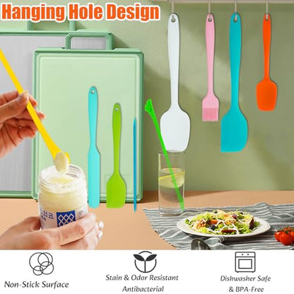 9-Piece Silicone Spatula Set with Brush & Jar Scrapers | 500°F heat resistant, non-scratch BPA-free silicone, seamless design, for cooking, baking, mixing, and jar scraping