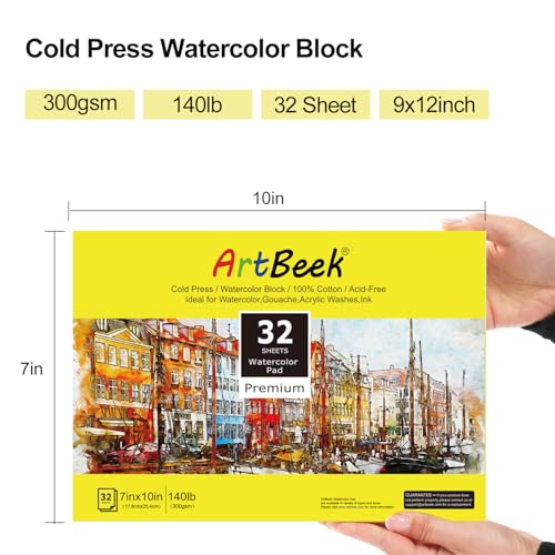 ArtBeek Watercolor Paper Block, 7" x 10" Watercolor Block 32 Sheets 100% Cotton Cold Press 140lb/300GSM - size: 7X10 Cold Press