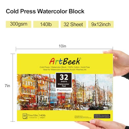ArtBeek Watercolor Paper Block, 7" x 10" Watercolor Block 32 Sheets 100% Cotton Cold Press 140lb/300GSM - size: 7X10 Cold Press