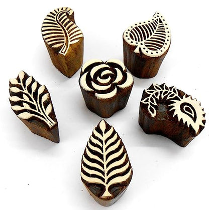 Craftsofindia® Flowers and Leaf Wooden Blocks Stamps for Printing on Textiles, Pottery Crafts,Henna, Scrapbooking (Set of 6) - size: Pack # 105