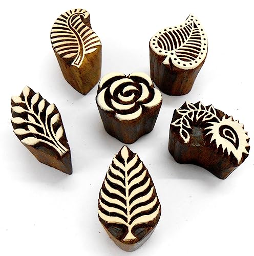 Craftsofindia® Flowers and Leaf Wooden Blocks Stamps for Printing on Textiles, Pottery Crafts,Henna, Scrapbooking (Set of 6) - size: Pack # 105