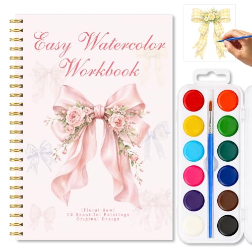 Floral Bow Watercolor Book, Easy Painting Workbook with Palette and Brush | 12 Pink Rose Bow Designs for Relaxing Painting, Beginner Friendly Water Coloring Set For Creative Practice Floral Art Lovers - color: PinkBow