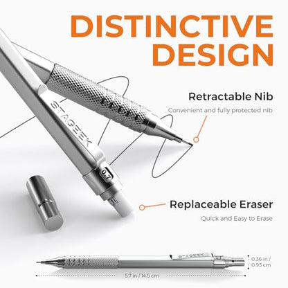 35Pcs Art Mechanical Pencil Set with Case, 0.5 0.7 0.9 2.0 Graphite Metal Drawing Drafting Pencils, Sharpener Erasers 384PCS Lead Refills (6B 4B 2B HB 2H 4H Colors)Pencils for Writing Sketching,Silver - color: silver
