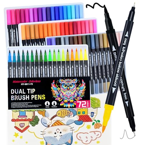 72 Colors Dual Markers Brush Pens,0.4MM Fine Point Art Marker, Double Tip Coloring Brush Pens Paint Marker for Adult Hand Lettering, Drawing,Doodling,Painting - color: 72 Colors