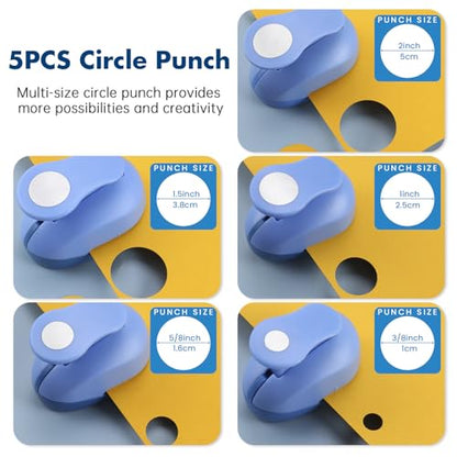 Circle Hole Punch Set, 3/8 inch, 5/8 inch, 1 inch, 1.5 inch, 2 inch, 5 Different Size Circle Punches for Crafting Designs, Office Supplies, Card Making, DIY Albums, Photos - color: Blue
