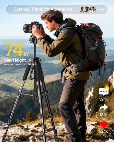 UBeesize 74" Camera Tripod with Phone Holder and Remote, Heavy Duty Tripod Stand with Portable Bag for Phone and Camera, Compatible with DSLR Cameras, Cell Phones, Spotting Scopes and Binoculars - size: 74Inches