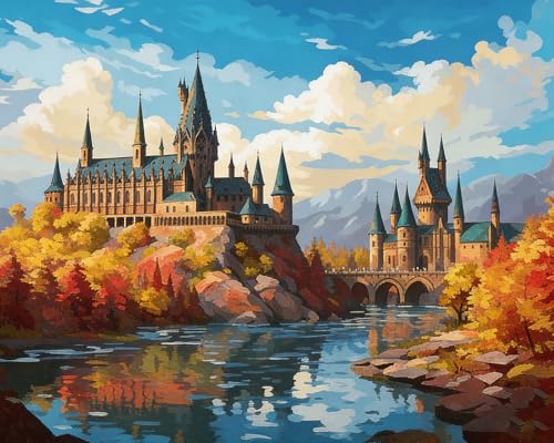 TFIAVSIN Paint by Numbers Kit for Adults Beginner, Castle Lake View Landscape Painting Kit with Canvas, Brushes & Acrylic Paints, Fantasy Scenery Art for Home Decor, 16x20 Inch - color: Castle
