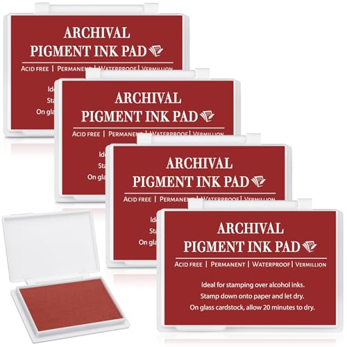 MotiMind 4 Pcs Archival Pigment Waterproof Ink Pad for Stamps, Red | Pigment Stamp Pads for Card Making Scrapbooking, Archival Acid-free Quality, 3.7x2.5 Inch, Works on Paper Glass - color: Red