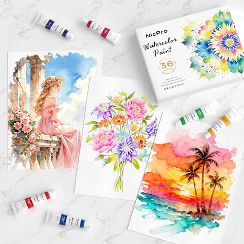 Nicpro Watercolor Paint Set for Adults, 36 Colors Watercolor Paint Tube | 12ml/0.4oz Tube, High Pigment Travel Water Color Painting Supplies for Artists Beginners, Color Wheel & Swatch Cards Included - color: 36 Colors