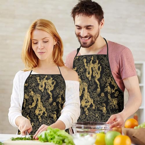 Apron with 2 Pockets,Kitchen Chef Artist Aprons for Cooking Gardening Baking Painting, Waterproof Apron 33" x 27" - color: Chinese Dragon