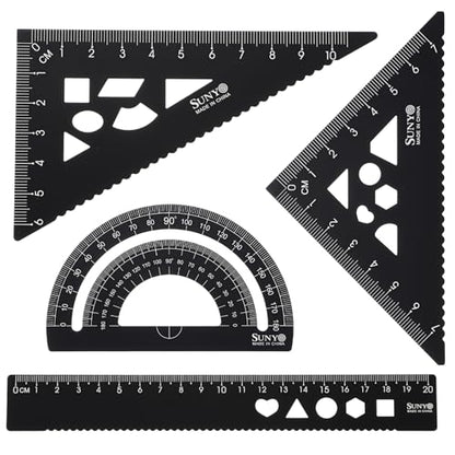 HARFINGTON 4pcs Triangular Ruler Set 20cm Aluminum Alloy Straight Geometric Protractor Triangle Engineering Scale Drafting Ruler Kit Measuring Drawing Tool for Classroom Office Home, Black - color: Black