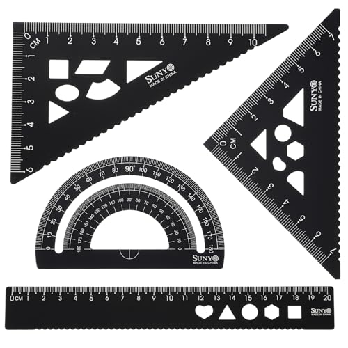 HARFINGTON 4pcs Triangular Ruler Set 20cm Aluminum Alloy Straight Geometric Protractor Triangle Engineering Scale Drafting Ruler Kit Measuring Drawing Tool for Classroom Office Home, Black - color: Black