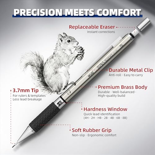 WUO 0.5 mm Mechanical Pencil Set with Eraser Pen Storage Case, 3 PCS | Metal Drafting Pencils, 360 HB Lead Refills, 3x4B Erasers, 12 Eraser Refills for School Artist Writing Drawing Sketching - color: Black 1 - 0.5mm (3 Pack)