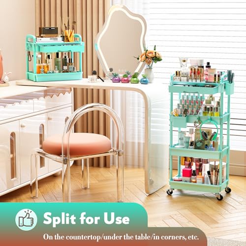 SUNALLY Makeup Cart Organizer with Drawer, 4 Tier Rolling Makeup Cart, Blue - color: Blue, size: 4 Tier