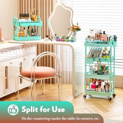 SUNALLY Makeup Cart Organizer with Drawer, 4 Tier Rolling Makeup Cart, Blue - color: Blue, size: 4 Tier