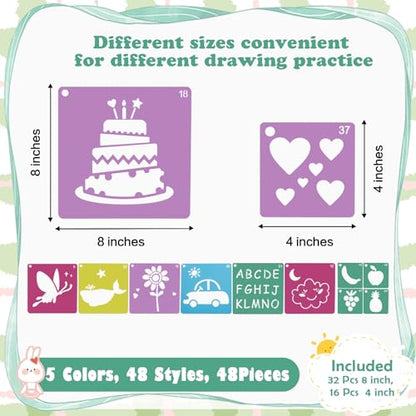 48PCS Stencils for Kids, 8" Sidewalk Chalk Stencils for Painting Kids Style | Geometric Letter Number Themed Primary Shape Template for Kids, Large Reusable Stencils for Drawing Outside, Crafts Painting