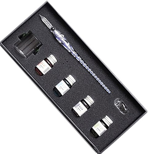 Crystal Glass Dip Ink Pen Set,Non-Carbon Ink Signature Pen Creative Writing Tools Ink Gift Pen Vintage Handmade Dip Pen For Writing Art Decoration Four Color Available (Deep blue sets) - color: Deep blu+4pcs ink