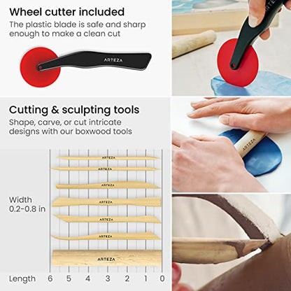 ARTEZA Pottery & Polymer Clay Tools, 22-Piece Sculpting Set, Steel Tip Tools with Wooden Handles, Craft Kit for Modeling, Carving - size: Set of 22