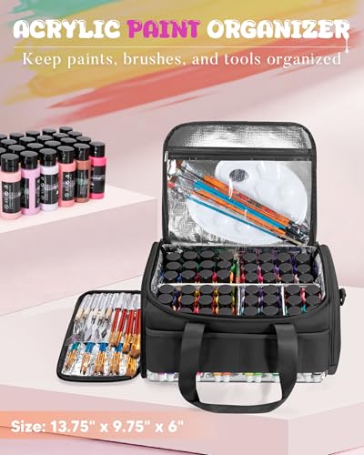 Marscamd Acrylic Paint Organizer Holds 60 Bottles (2 oz), Acrylic Paint Bag | with Tools Storage Sections & Crossbody Strap, Water-repellent fabric, Aluminum-lining, Black - color: Black