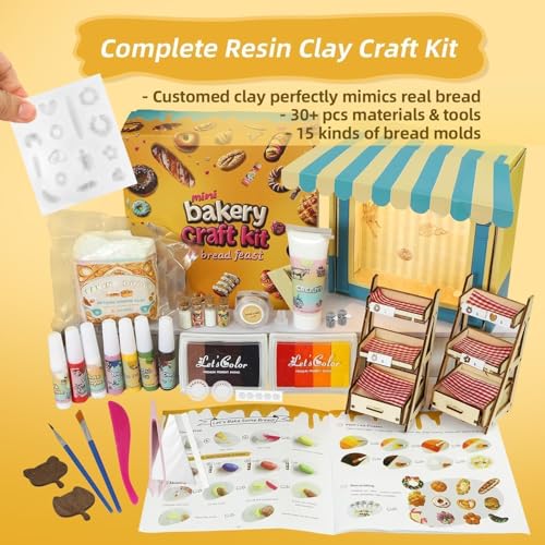 iLAND Air Dry Clay Teen Crafts DIY Bakery Food Kit for Girls Birthday Gifts | 40+ pcs with display shelves, DIY mini bakery, inspires creativity & family fun, stress-free activity, 1:12 scale, gift ready - style: Clay Bakery w/ Spotlights
