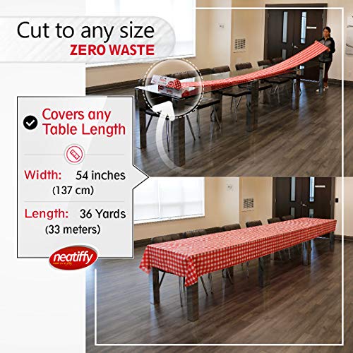 Neatiffy Disposable Plastic Tablecloth Roll | Indoor/Outdoor Table Cloth | Table Cover for Rectangle, Square, Round Tables | Picnic, Party, Banquet, Birthday, Wedding - 54 in x 108 ft - Red Checkered - color: Red Gingham