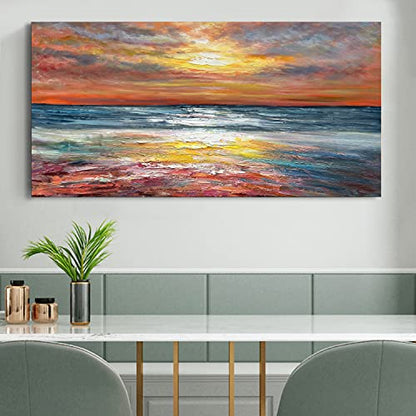 Art Sea Sunrise Landscape Modern Abstract Oil Painting Canvas Oil Painting Wall Art Decoration 24x48 inch - color: Yi012