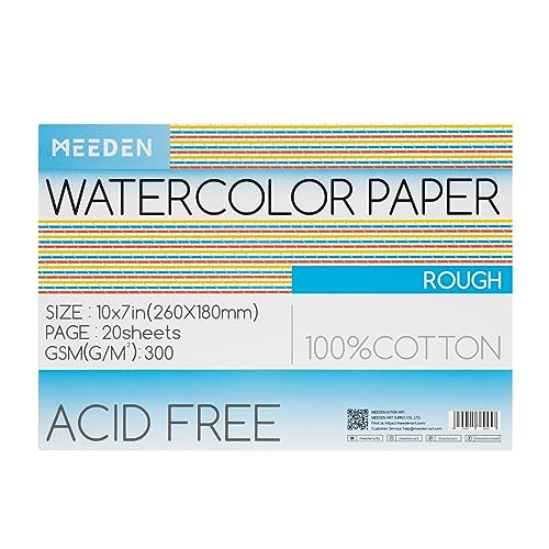 MEEDEN Watercolor Paper Block, 100% Cotton Watercolor Paper Pad of 20 Sheets, 140lb/300gsm, Acid-Free Art Paper for Watercolor, Gouache, Ink and More, 10" x 7" Rough Grain | 140lb/300gsm 100% Cotton Watercolor Paper Pad, Acid-free Art Paper for Painting,