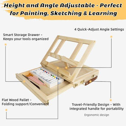 Portable Tabletop Easel Set 24-Piece Acrylic Paints Brushes Canvases - size: art easel box-24pk