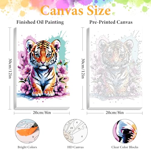 Framed Paint by Numbers Kit for Adults, Tiger & Flower Decor 8x12 Inch | Paint by Number with Frame, DIY Acrylic Painting Kit for Relaxation, Easy for Beginners, Wall Decor Gift for Animal Lovers - color: OPFUS2512-04