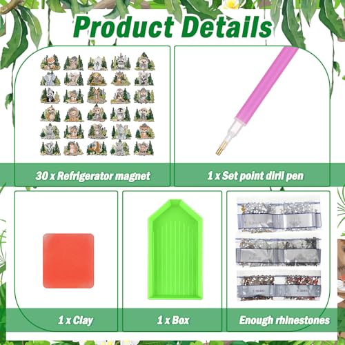 Xuhal 30 Pcs Wildlife Diamond Painting Magnets Diamond Art Kits for Adults | Forest Animal Refrigerator Magnets, 5D Rhinestone Fridge Magnetic Sticker, Zoo Animal Diamond Club Gifts, Small DIY Crafts - color: Woodland