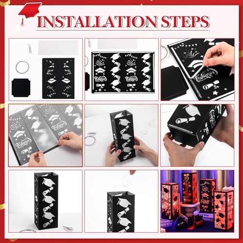 Feifeiya 4 Pcs 2026 Graduation Table Centerpieces Boxes Class of 2026 Graduation Table Lanterns with LED String Lights for Congrats Grad School College Party Supplies, 10.63 x 3.94 Inches(Red) - color: Red