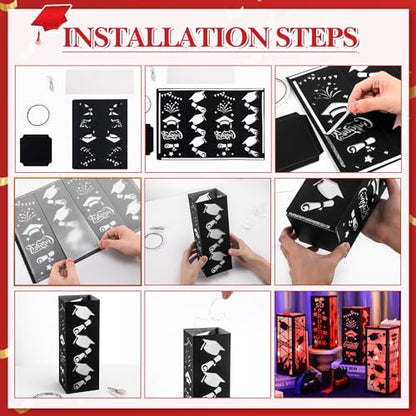 Feifeiya 4 Pcs 2026 Graduation Table Centerpieces Boxes Class of 2026 Graduation Table Lanterns with LED String Lights for Congrats Grad School College Party Supplies, 10.63 x 3.94 Inches(Red) - color: Red