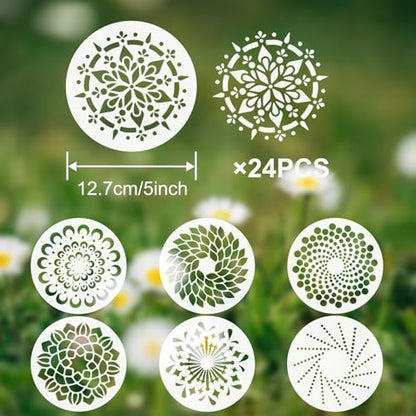 24 Pcs Mandala Stencils Reusable Stencils for Painting on Wood Mandala Dot Stencil DIY Craft Template for Painting on Rock Furniture Canvas Wall Home Decor Supplies, 5 Inch - style: Mandala Style, Round