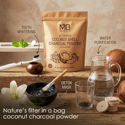 MB Herbals Activated Charcoal Powder from Coconut Shell 3.5 oz (100 Gram) For External Use Only | For ToothPowder Face Packs and Masks | Soap Making | Do not Injest